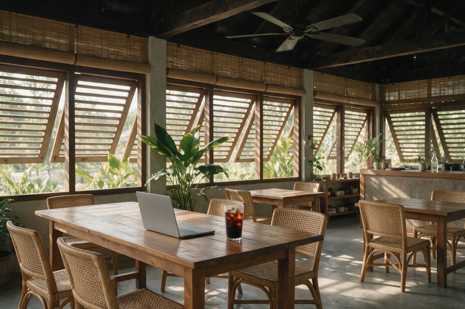 An open-air café in Phuket with timber tables and louvred openings