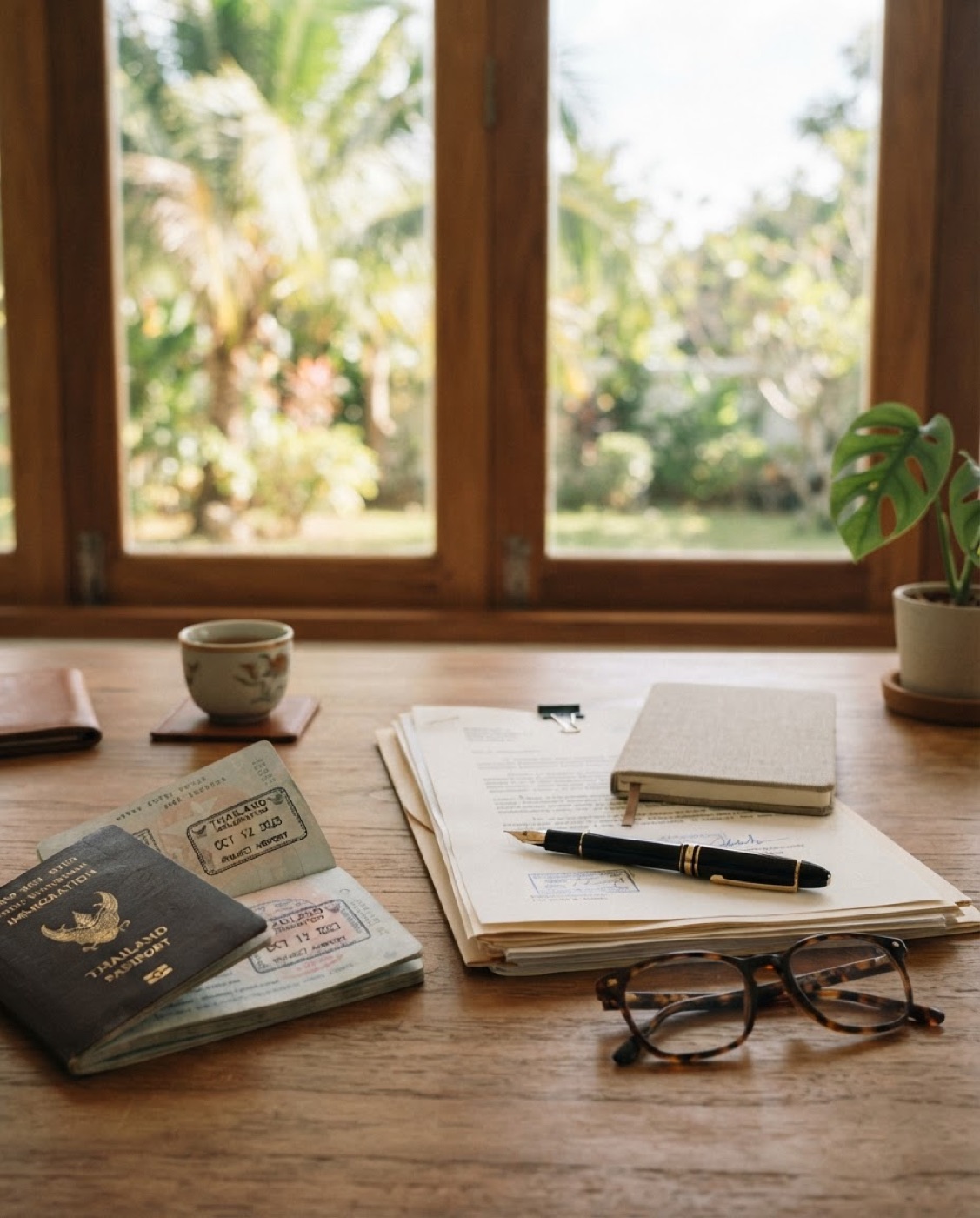 A desk with a passport, visa stamp, and documents in a Phuket office